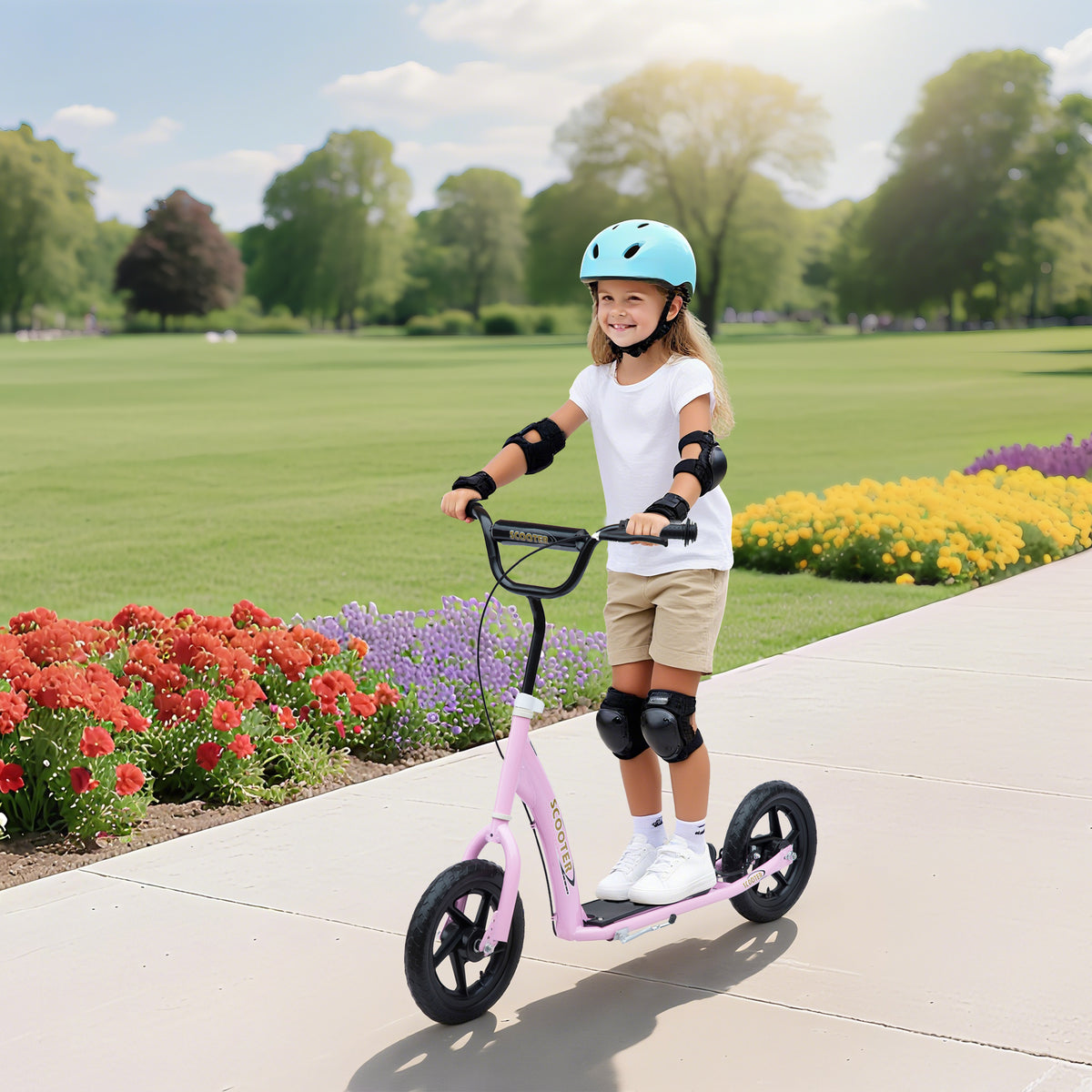 Trottinette enfant patinette pneus 30 cm Hauteur Guidon réglable poignée Frein et béquille Acier pour enfants à partir de 5 ans Rose-1