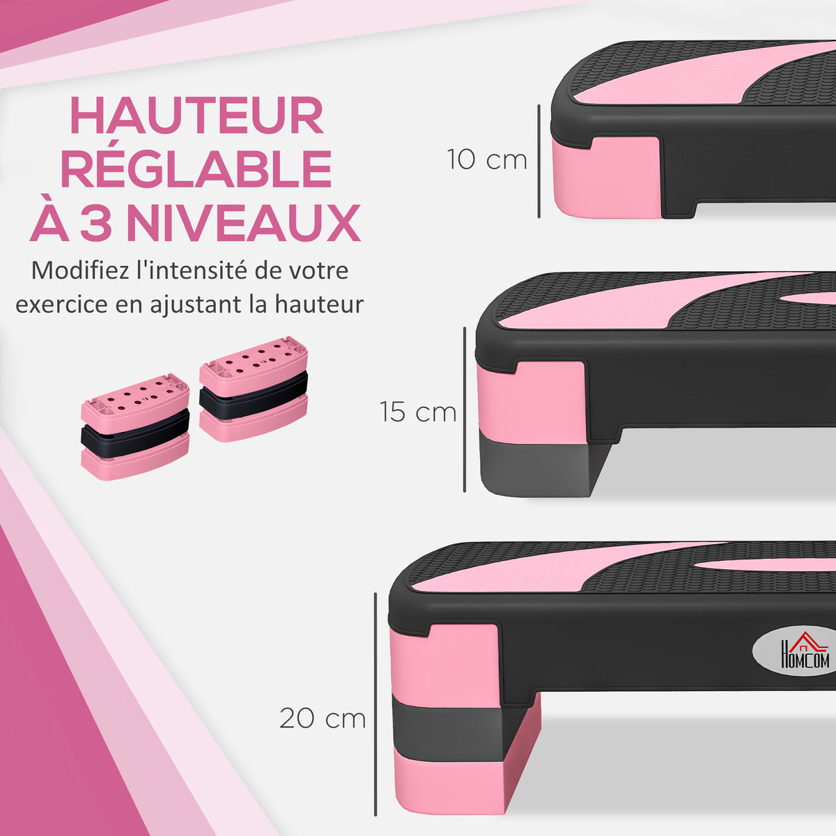 Stepper fitness aérobic hauteur réglable surface antidérapante 80 x 31 x 20 cm noir rose clair-3