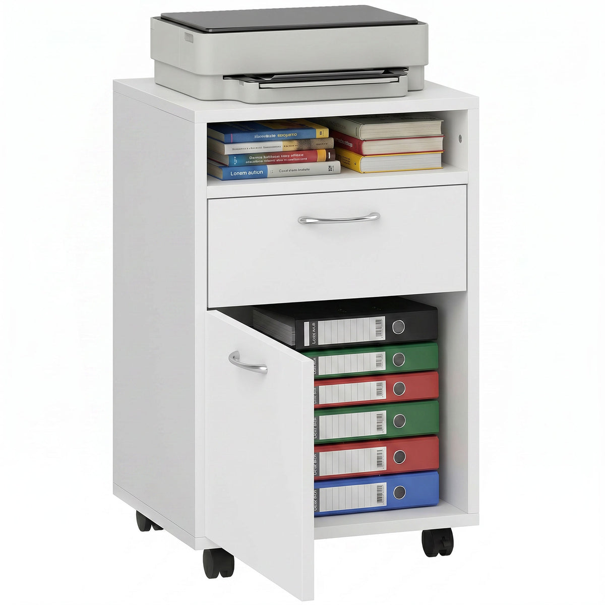 Caisson de bureau rangement bureau sur roulettes tiroir placard niche panneaux particules blanc-0