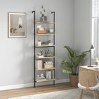 Étagère échelle mural bibliothèque style industriel 6 étagères acier noir aspect bois naturel dim. 60L x 30l x 206H cm-1