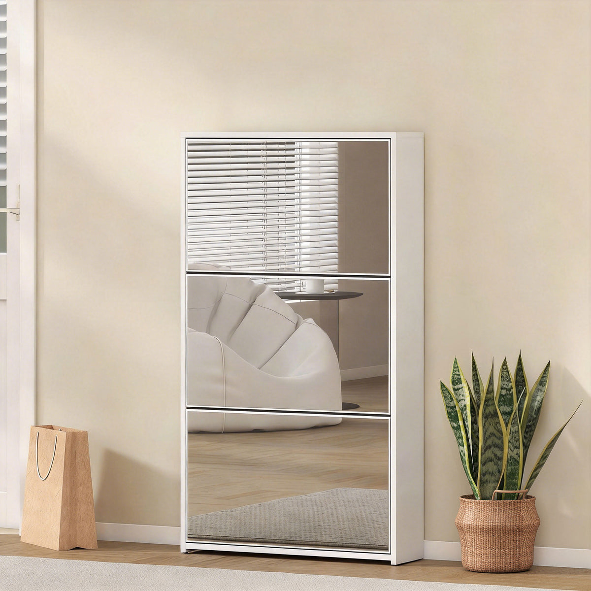 Meuble à chaussures 9 paires, armoire à chaussures étroite, 3 tiroirs rabattables et portes miroirs, 65x17x114,5cm blanc-1