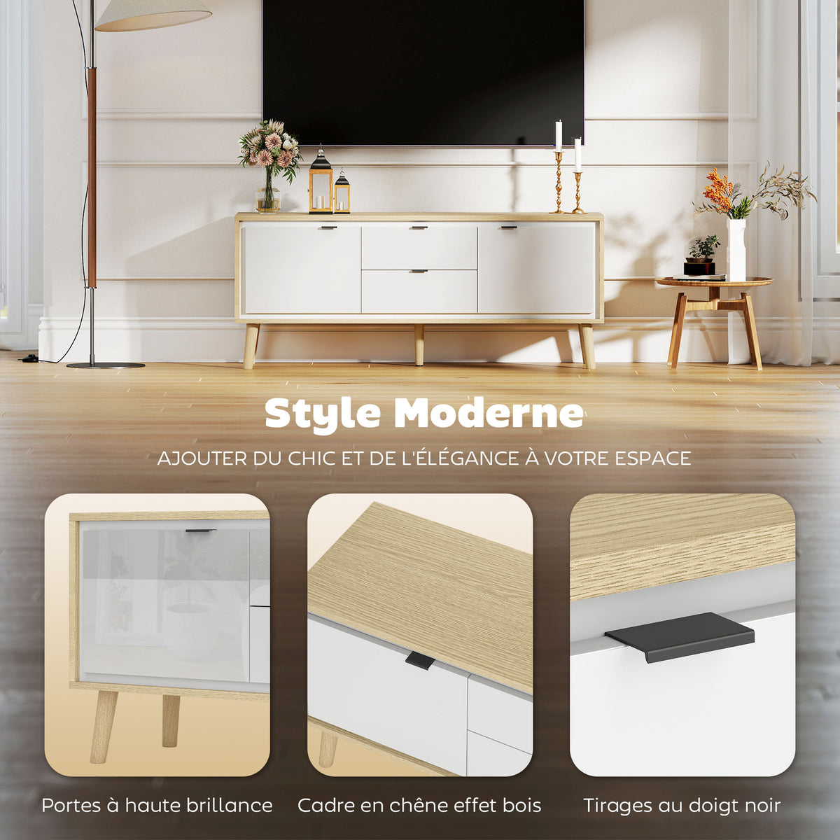 Meuble TV, meuble télé pour jusqu'à 55 pouces, 2 portes à haute brillance, 2 tiroirs silencieux, 120 x 35 x 50 cm, blanc-4