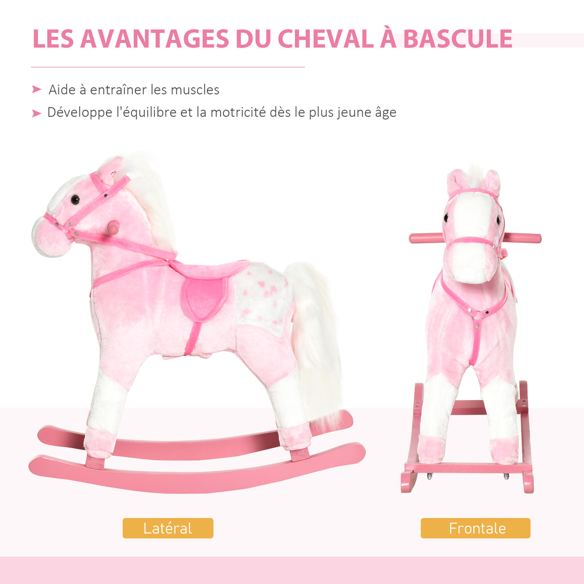 Cheval à Bascule en Bois et Peluche pour Enfant Cheval de Cowboy peluche Pour Enfants de 3-6 Ans Jouet balançoire avec Effet sonore Selle rênes Rose Blanc-4