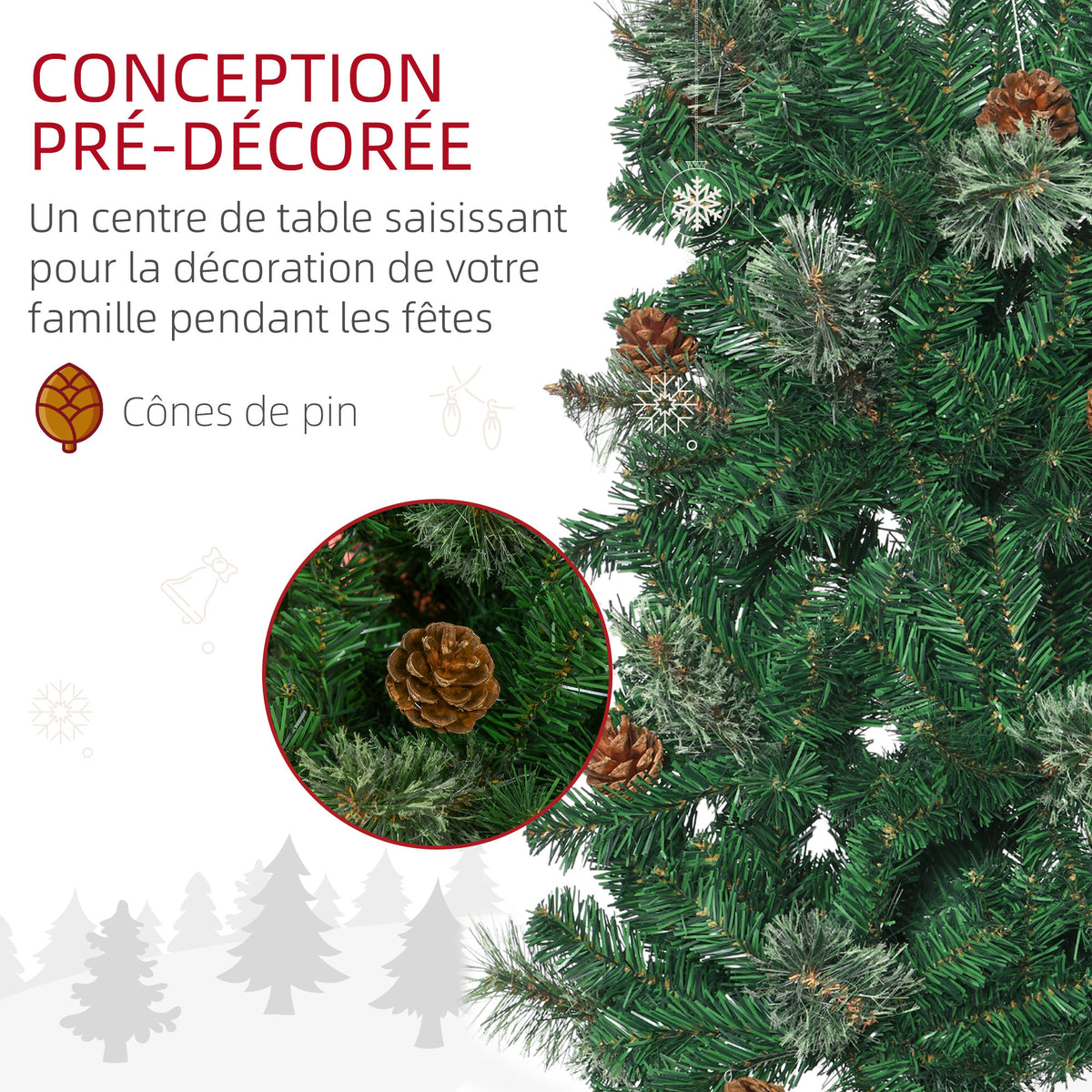 Sapin arbre de Noël artificiel 195 cm 556 branches avec 27 pommes de pin+ support pied pliable vert-5