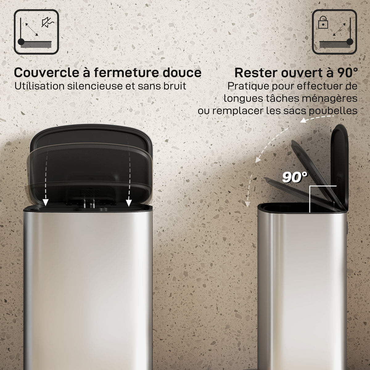 Poubelle cuisine 50L, poubelle à pédale, seau intérieur amovible, couvercle à fermeture douce, 45,1x36,5x62,6cm, gris-4