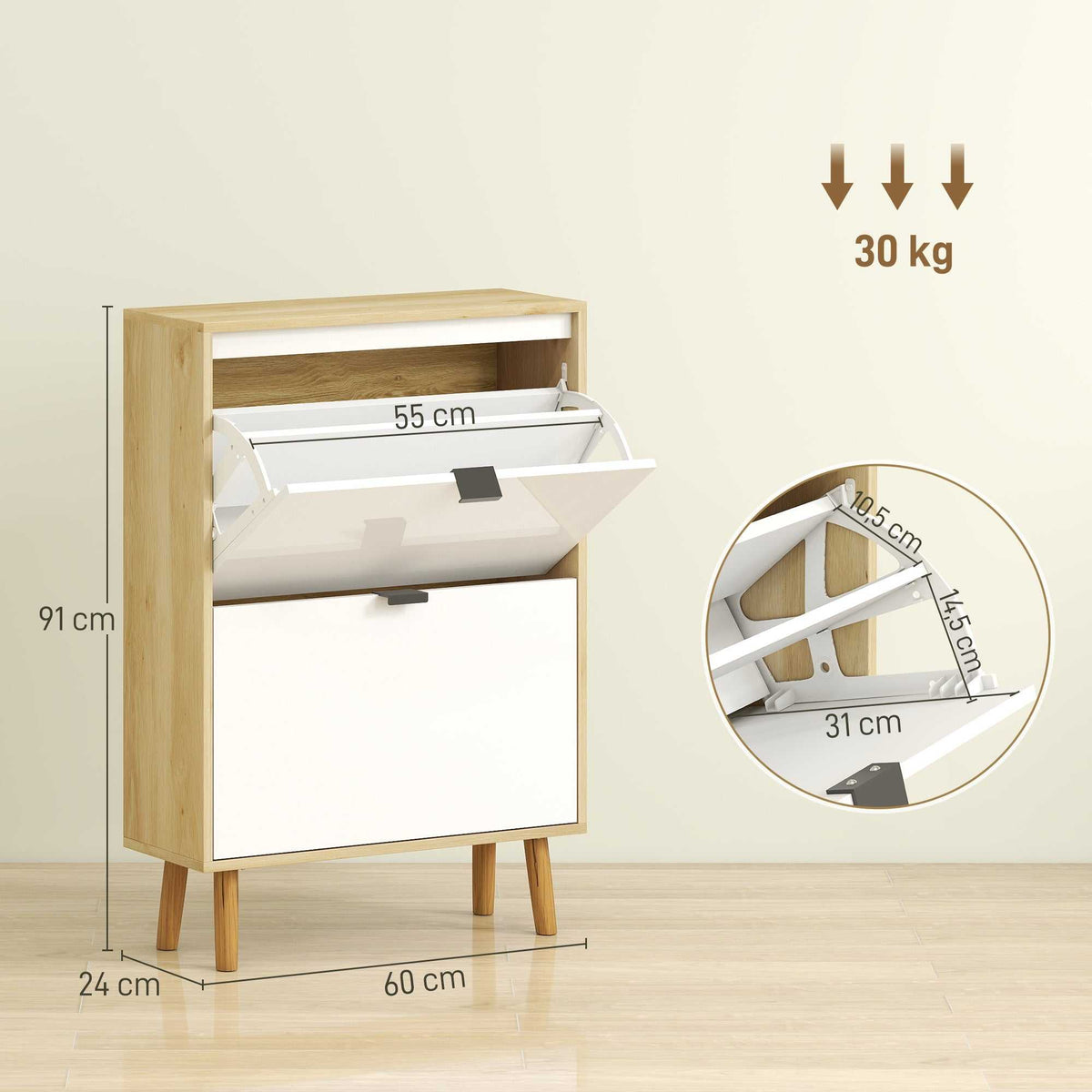 Meuble à chaussures, armoire à chaussures étroite, 2 tiroirs rabattables, portes haute brillante, 60x24x91cm, blanc-2