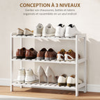 Étagère à chaussures, porte-chaussures 3 niveaux, étagères à lattes, en bois de pin， 70 x 26 x 57,5 cm, blanc-3