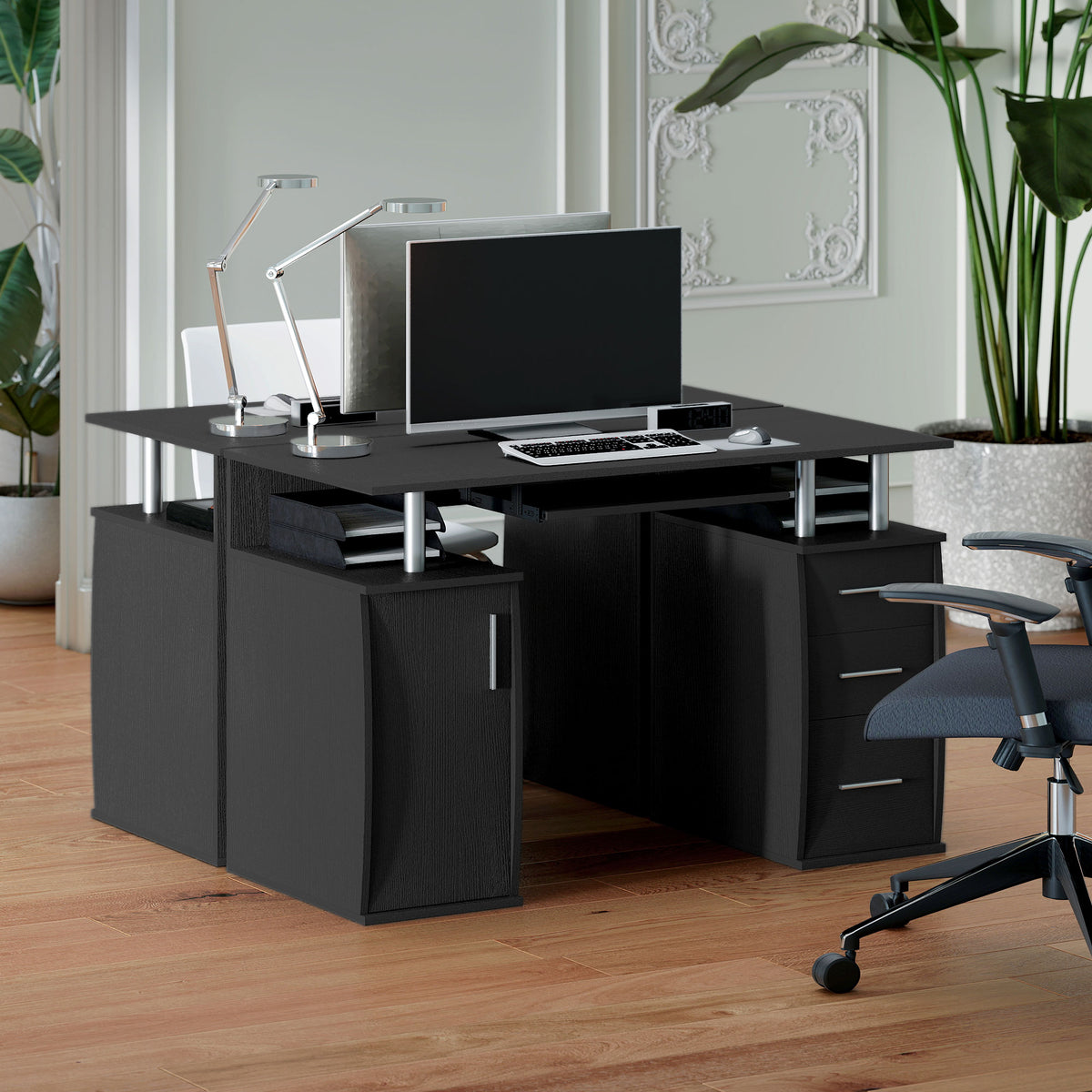 Bureau d'ordinateur, bureau informatique 120 x 55 cm avec plateau pour clavier, 3 tiroirs, pour chambre, domicile, noir-7