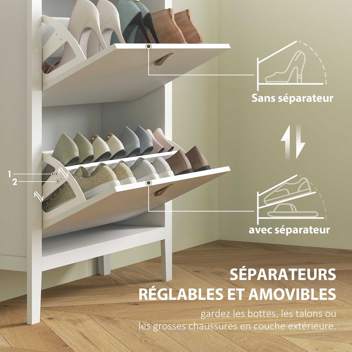 Meuble à chaussures 14 paires, armoire à chaussures avec 2 tiroirs rabattables, étagères amovibles et réglables, blanc-4