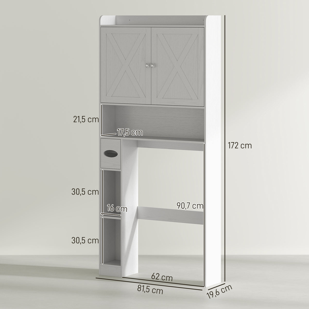 Meuble WC dessus de toilette avec placard à porte de grange, étagère réglable, compartiments et porte-papier, blanc-2