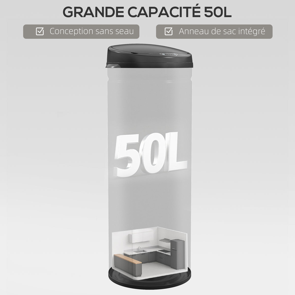 Poubelle cuisine automatique 50L acier inoxydable, poubelle à couvercle à fermeture en douceur, 30,5x30,5x85cm, noir-4
