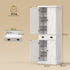 Buffet Haut Cuisine, Armoire de Cuisine avec 4 Portes, Tiroir et Étagères Réglables, Style Rustique, 62x38x173cm, Blanc-2