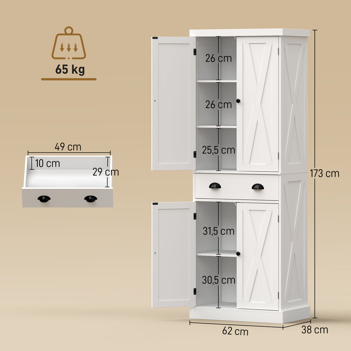 Buffet Haut Cuisine, Armoire de Cuisine avec 4 Portes, Tiroir et Étagères Réglables, Style Rustique, 62x38x173cm, Blanc-2
