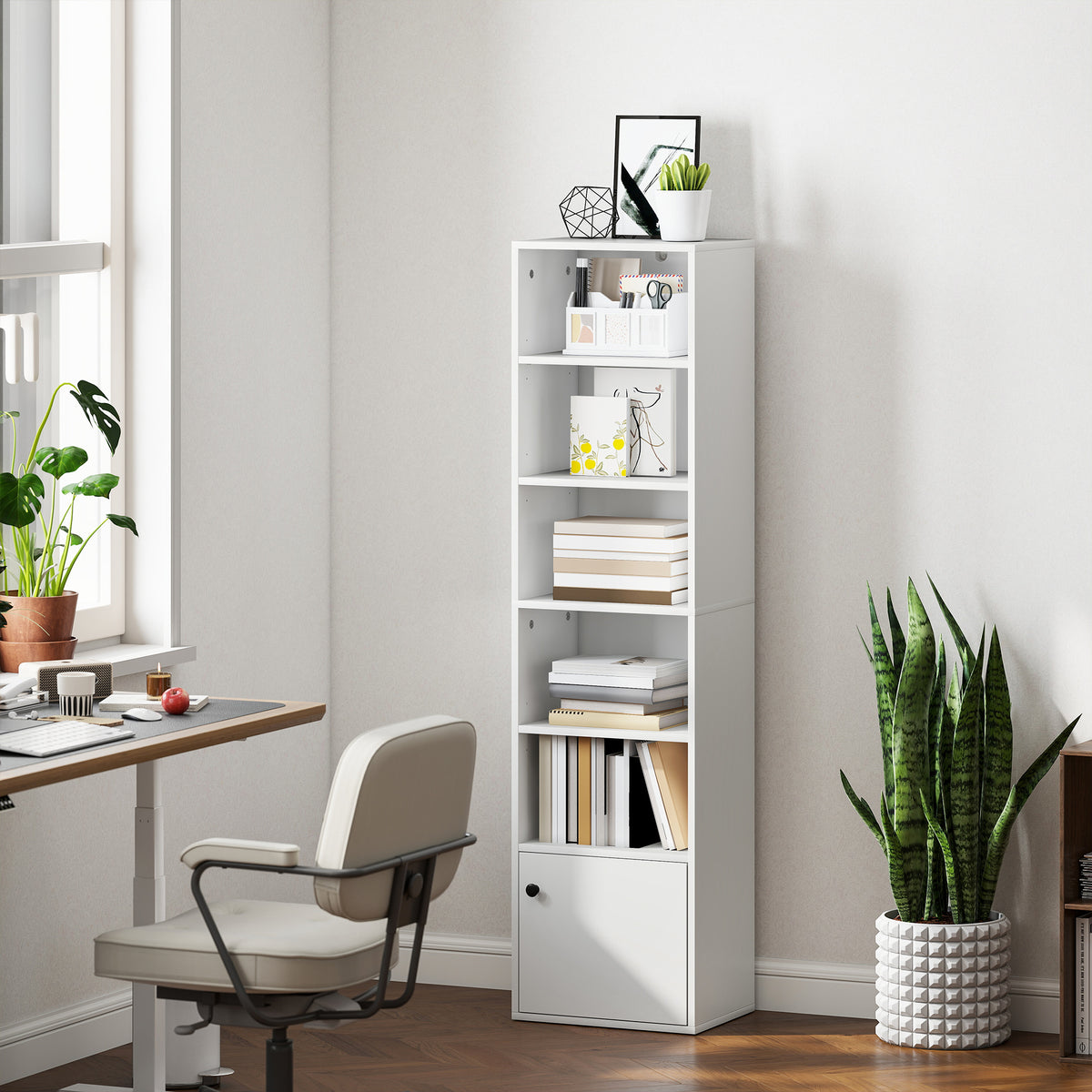 Bibliothèque meuble de rangement 6 niveaux avec 3 étagères réglables et placard, style moderne 40 x 30 x 156 cm blanc-8