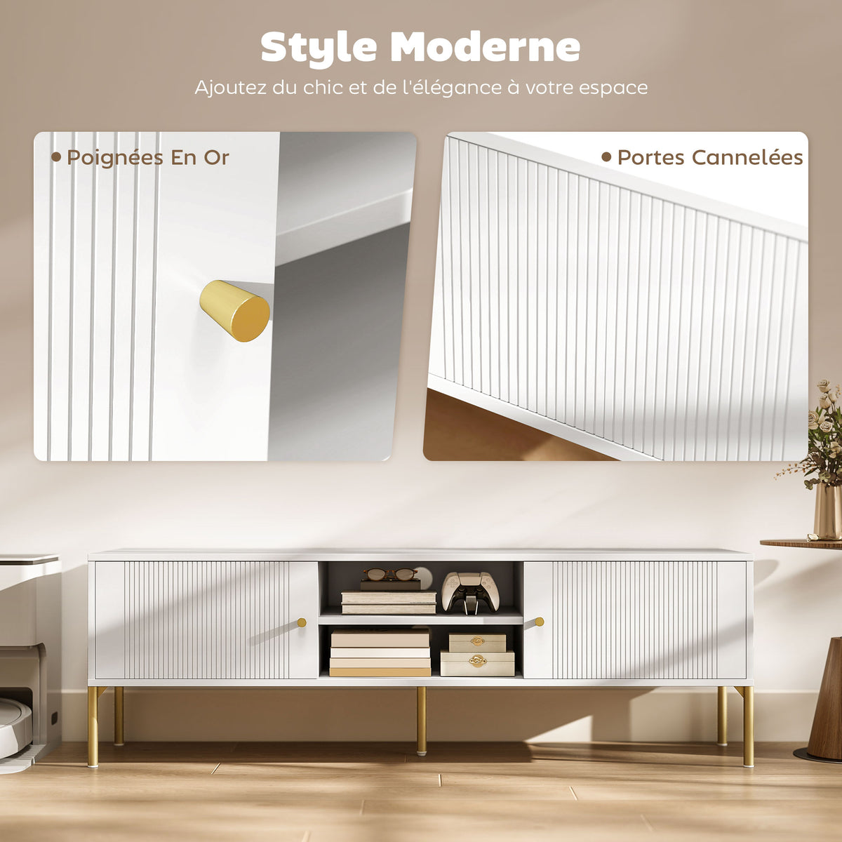 Meuble TV, meuble télé jusqu'à 65 pouces avec 2 portes, 2 compartiments ouverts, pieds en acier, 140x38x45,9cm, blanc-3