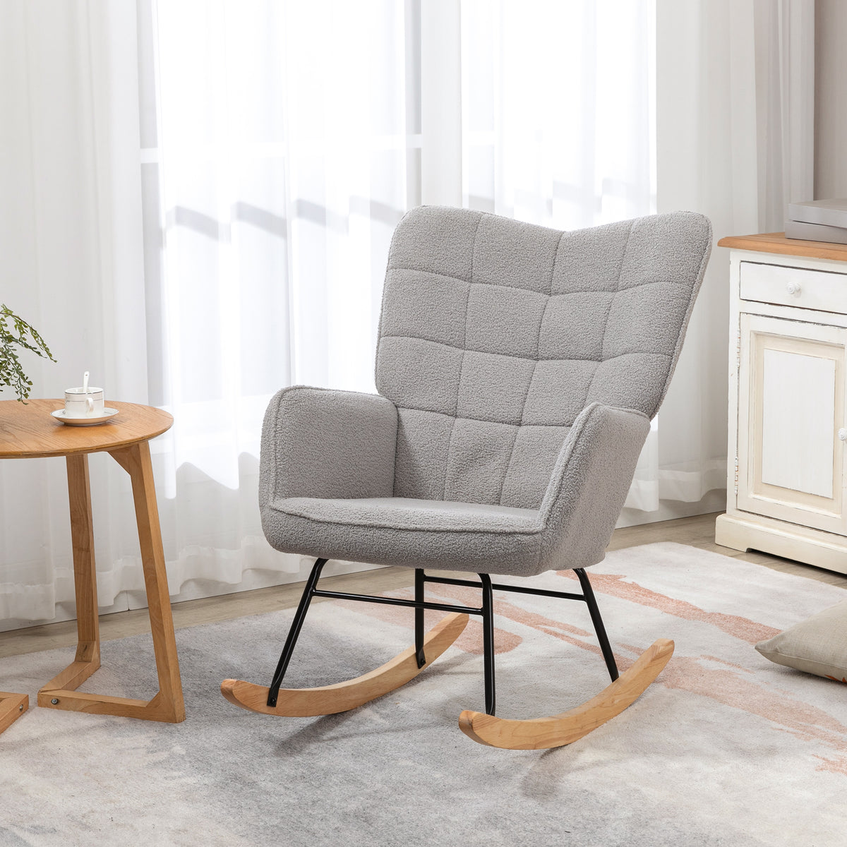 Fauteuil à bascule rocking chair revêtement bouclette structure en acier 71 x 98 x 101 cm Gris clair-1