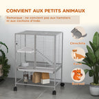 Cage pour petits animaux sur roulettes 2 niveaux avec 2 portes, 1 rampe, 1 étagère de rangement 61,5 x 44,5 x 86 cm gris-3