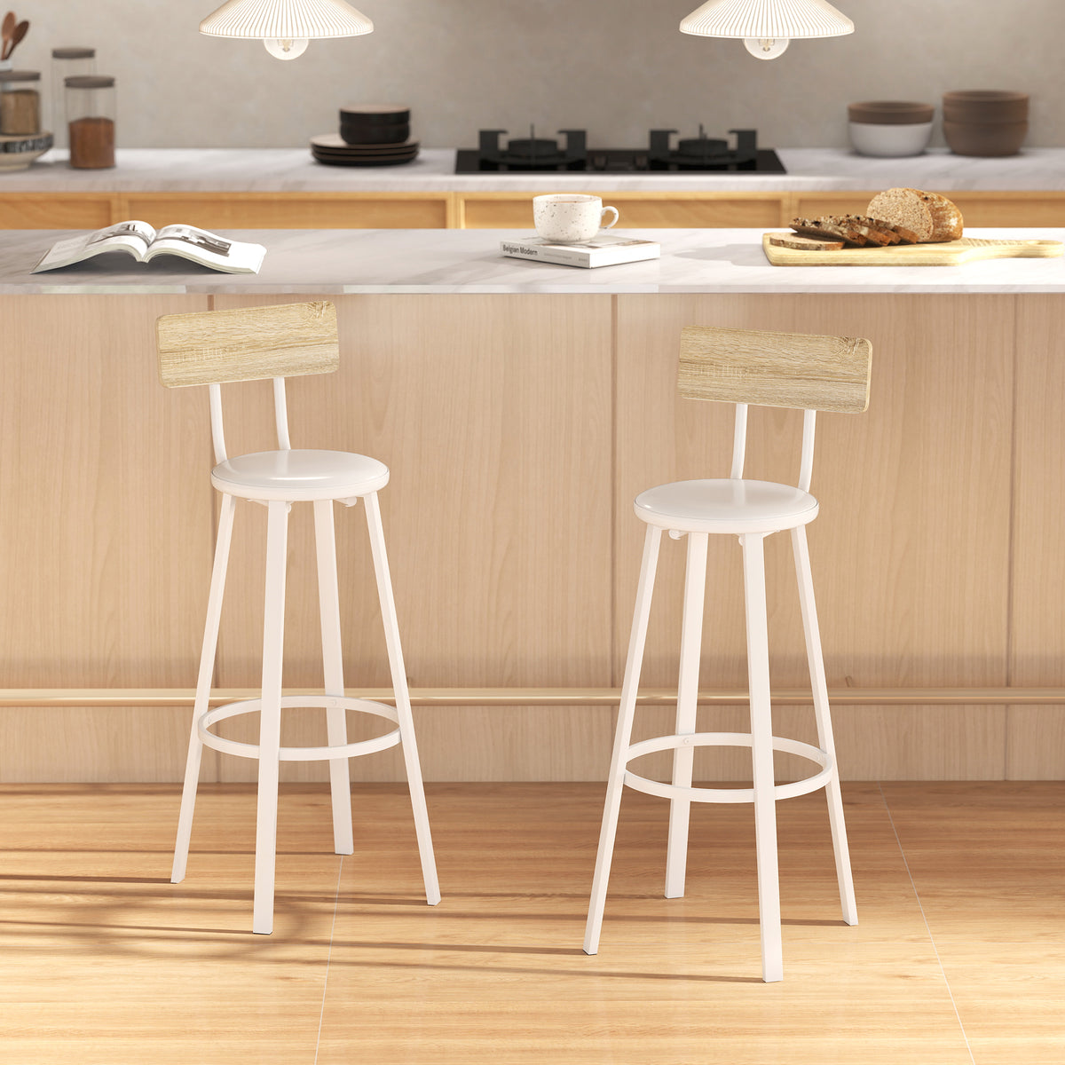 Lot de 2 tabourets de bar, chaises de bar, assise rembourrée 75,5H cm, dossier et repose-pieds, bois naturel et blanc-9