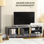Meuble TV pour télévision jusqu'à 55 pouces scandinave 2 portes 2 niches avec passe-câbles 150 x 35 x 45 cm gris foncé-3