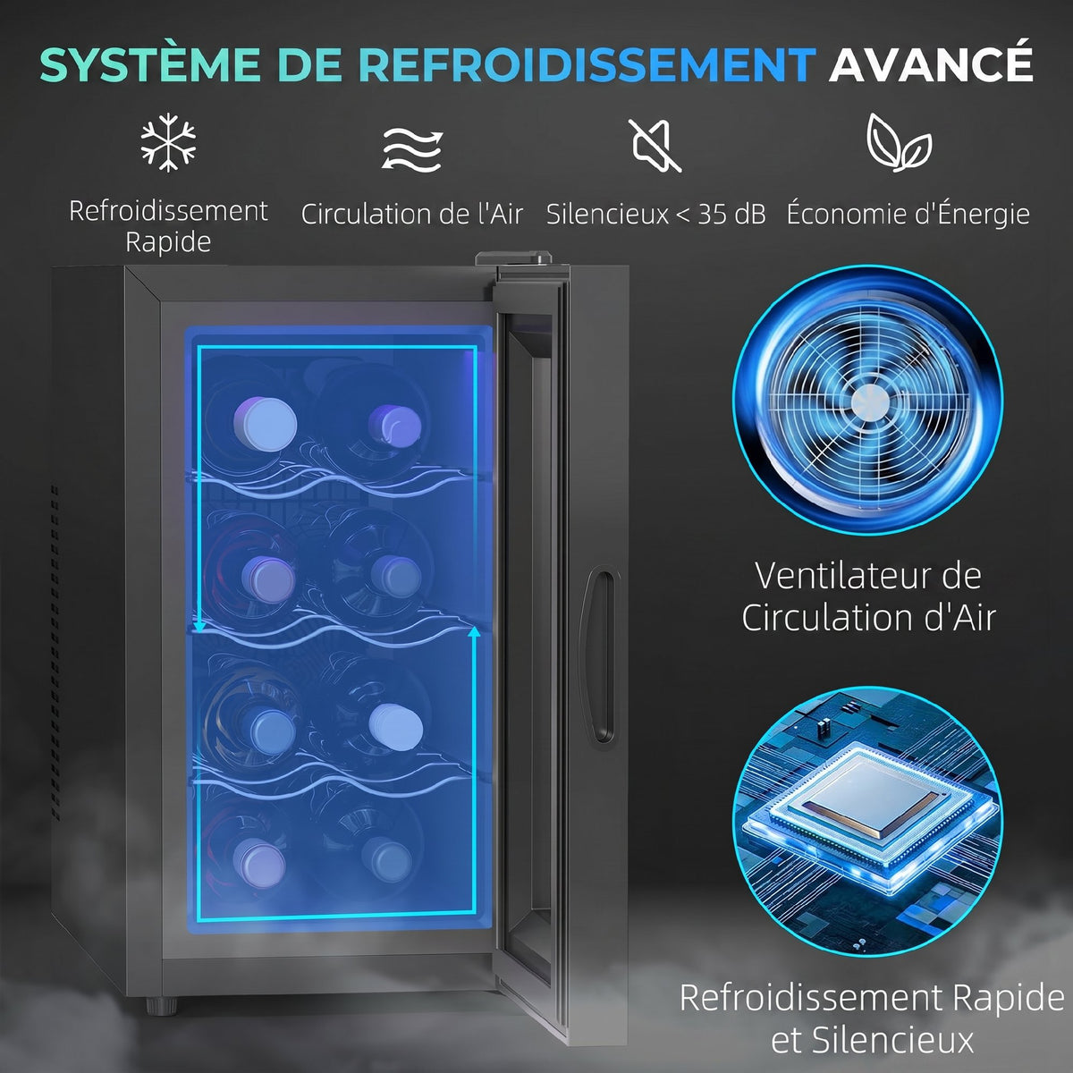Cave à vin 8 bouteilles 21L, réfrigérateur à vin et boissons avec température réglable 8-18°C, porte en verre, noir-3