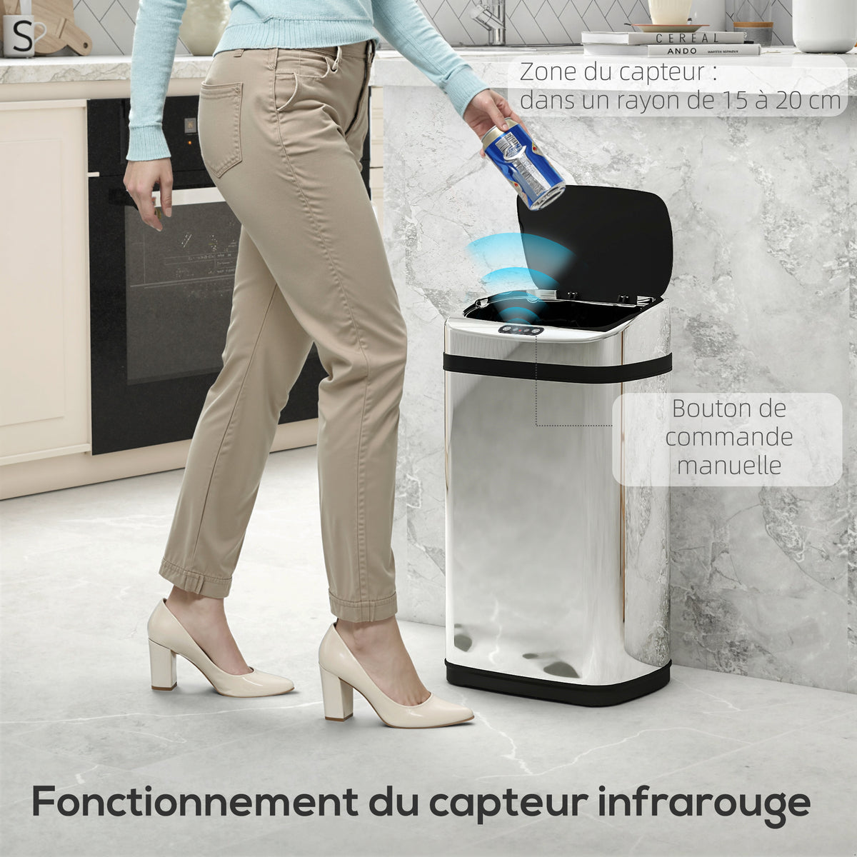 Poubelle de cuisine automatique 30L acier inoxydable, poubelle à capteur de mouvement avec couvercle, 33x25x58cm, argent-4