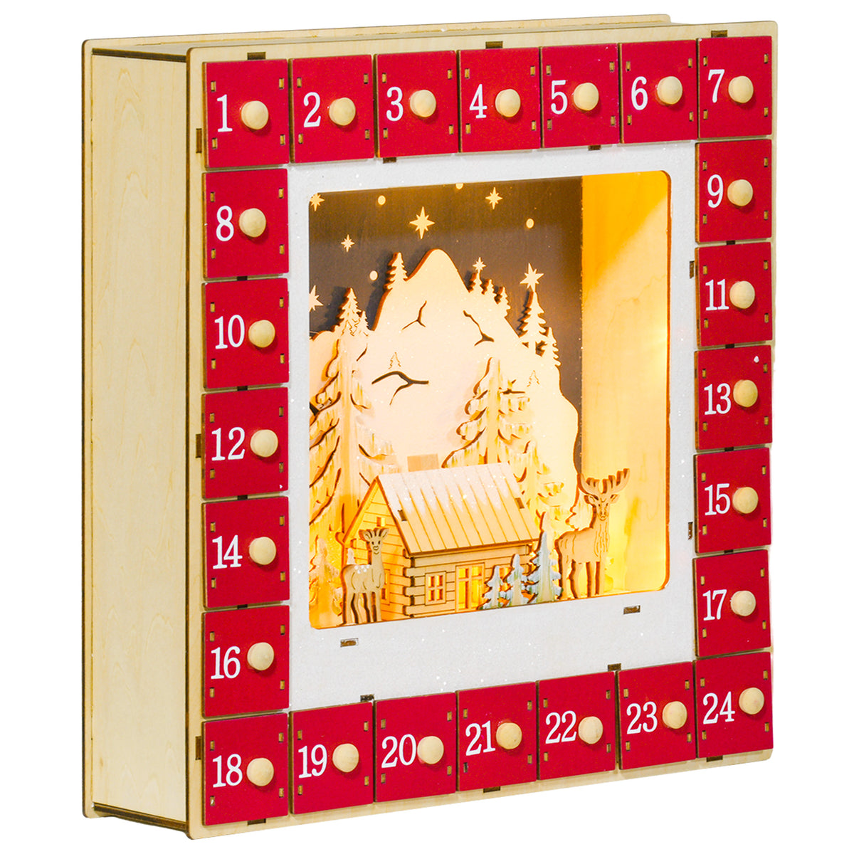 Calendrier de l'Avent LED, décorations de Noël en bois, 24 tiroirs à remplir, décoration lumineuse, rouge-0