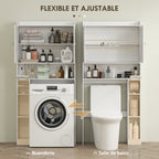Meuble WC dessus de toilette avec placard à porte de grange, étagère réglable, compartiments et porte-papier, blanc-4