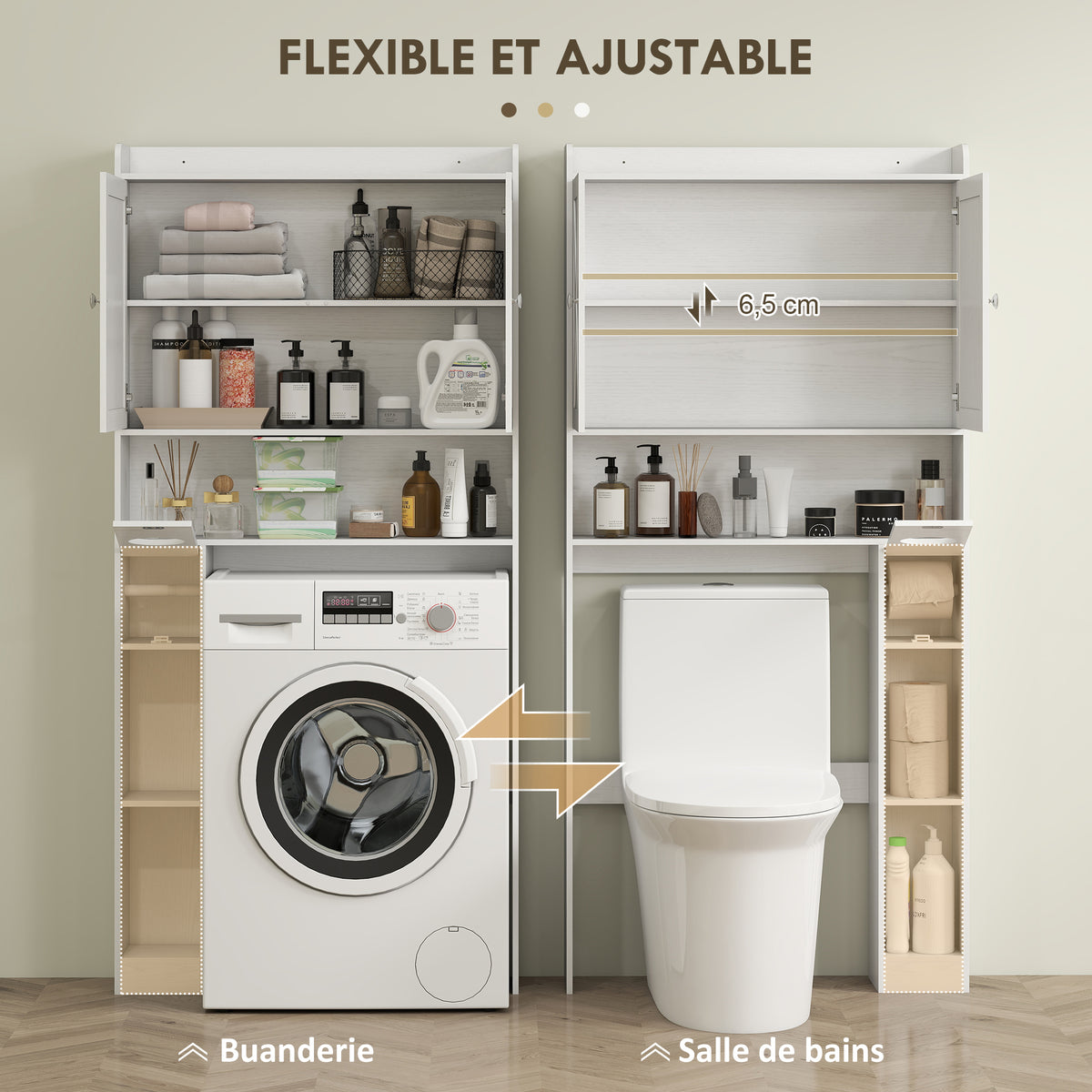 Meuble WC dessus de toilette avec placard à porte de grange, étagère réglable, compartiments et porte-papier, blanc-4