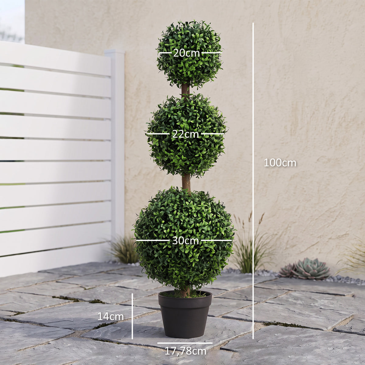 Lot de 2 arbres artificiels 101,6 cm 3 boules de buis topiaires fausse plante vert PE avec pot intérieur et extérieur-2
