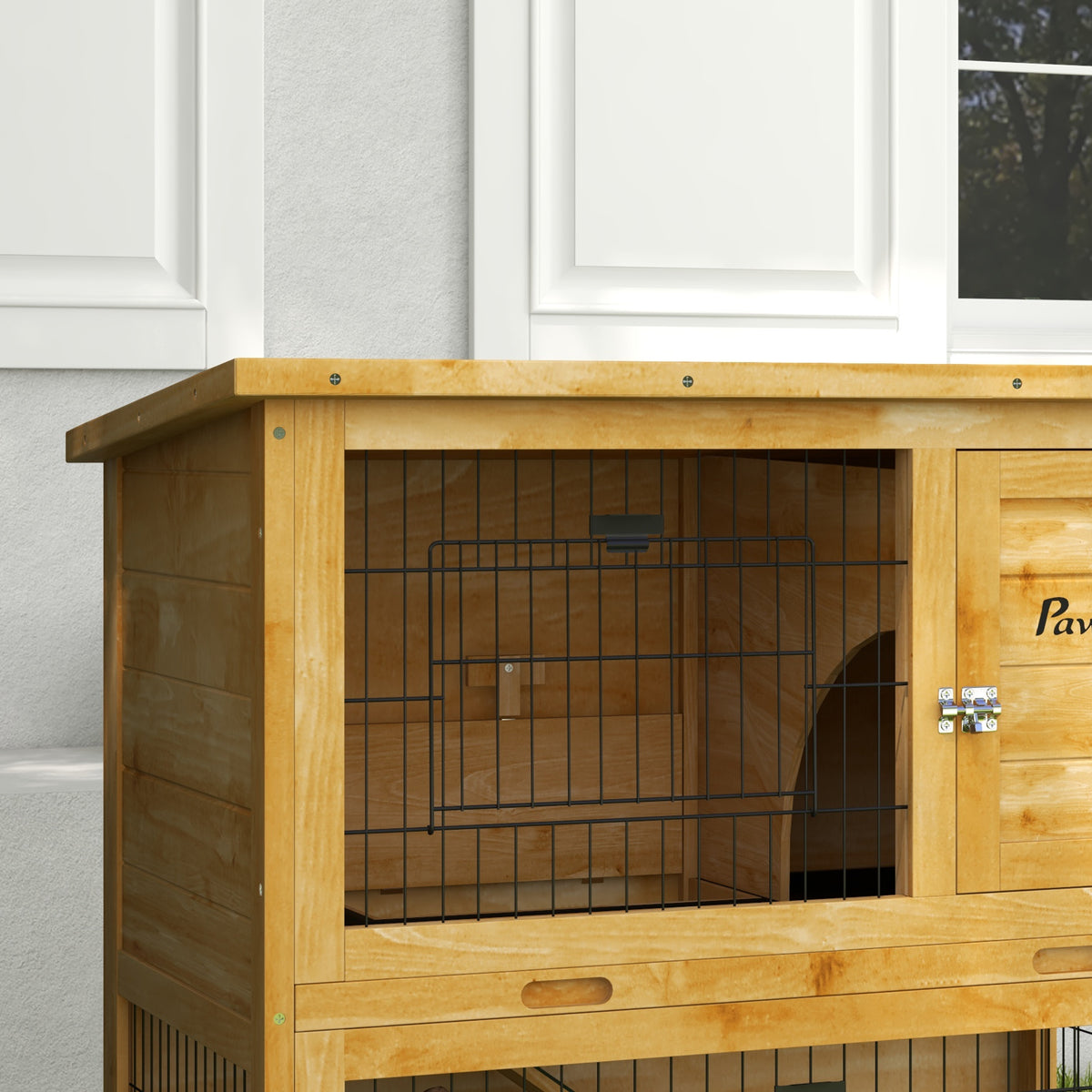 Clapier à lapin en bois 2 étages avec 3 portes plateau coulissant rampe toit bitumé 85 x 50 x 80 cm jaune-8