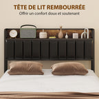Cadre de lit 140 x 190 cm avec sommier à lattes en métal, lit double rembourré avec 4 tiroirs et étagère, noir-3