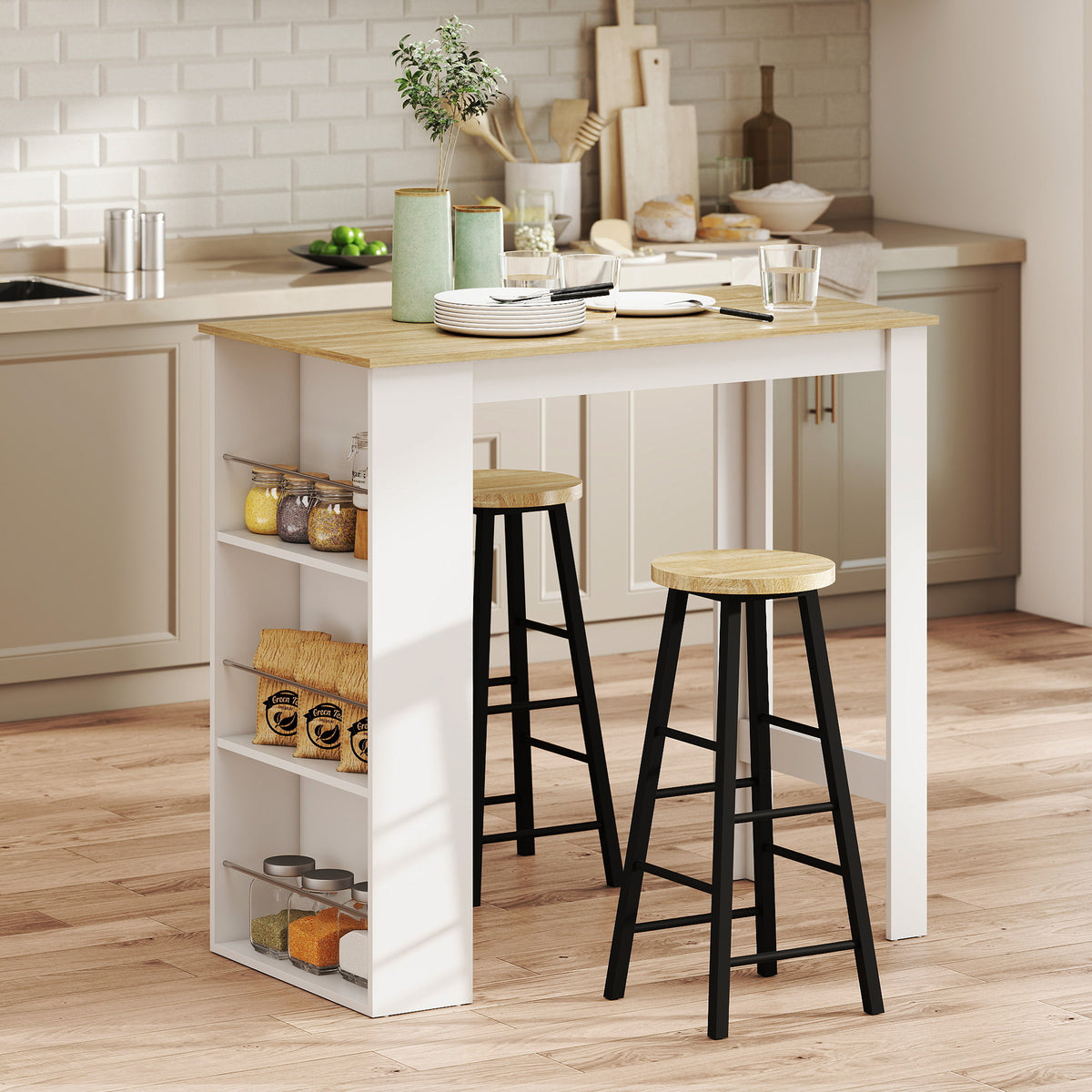 Table de bar table haute de cuisine mange-debout comptoir 112L x 57l x 106H cm - 3 étagères - aspect chêne clair blanc-9