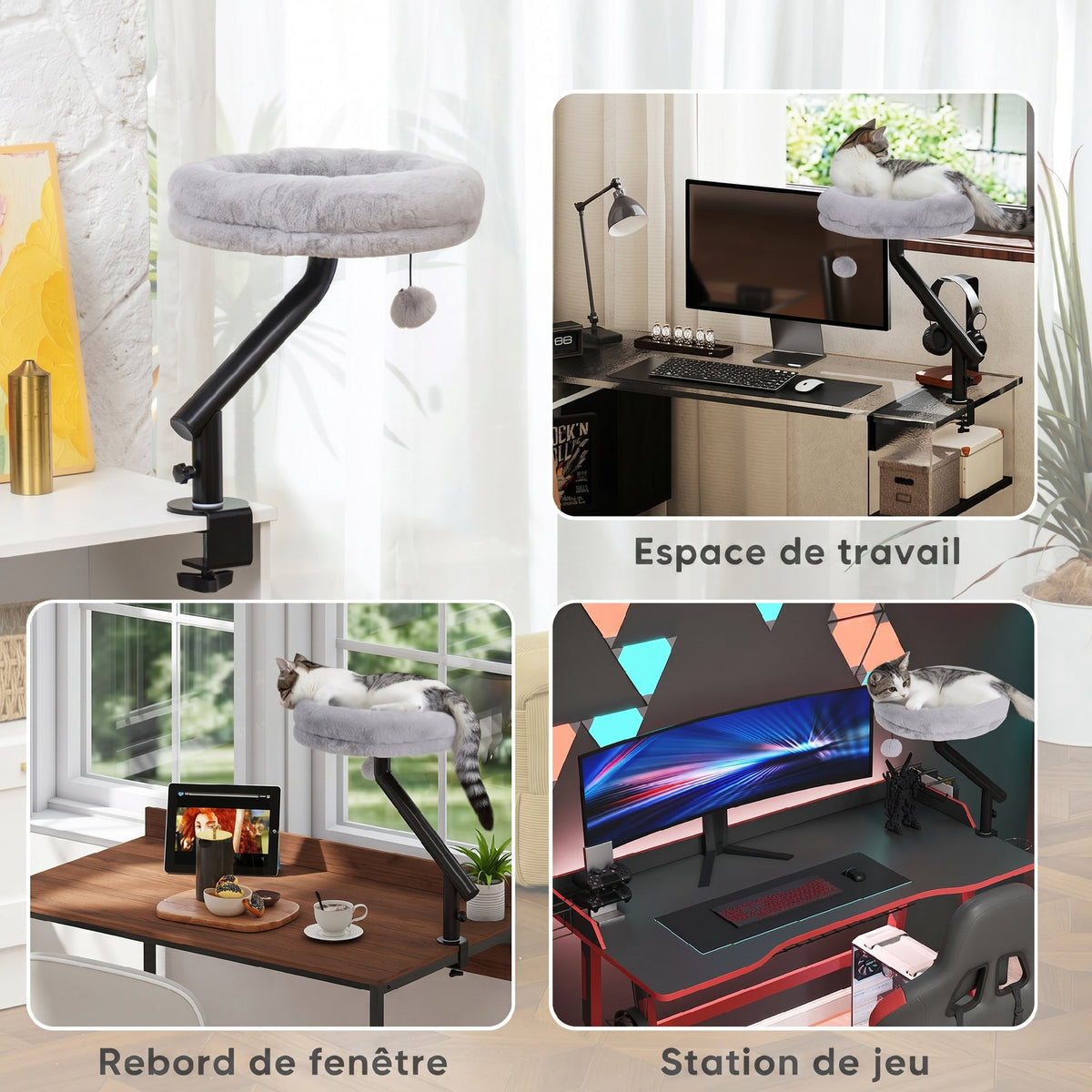 Lit de Bureau pour Chat Rotation de 360° et Hauteur Réglable, Lit pour Chat Lavable avec Balle Jouet, 35x35x48cm, Gris-5