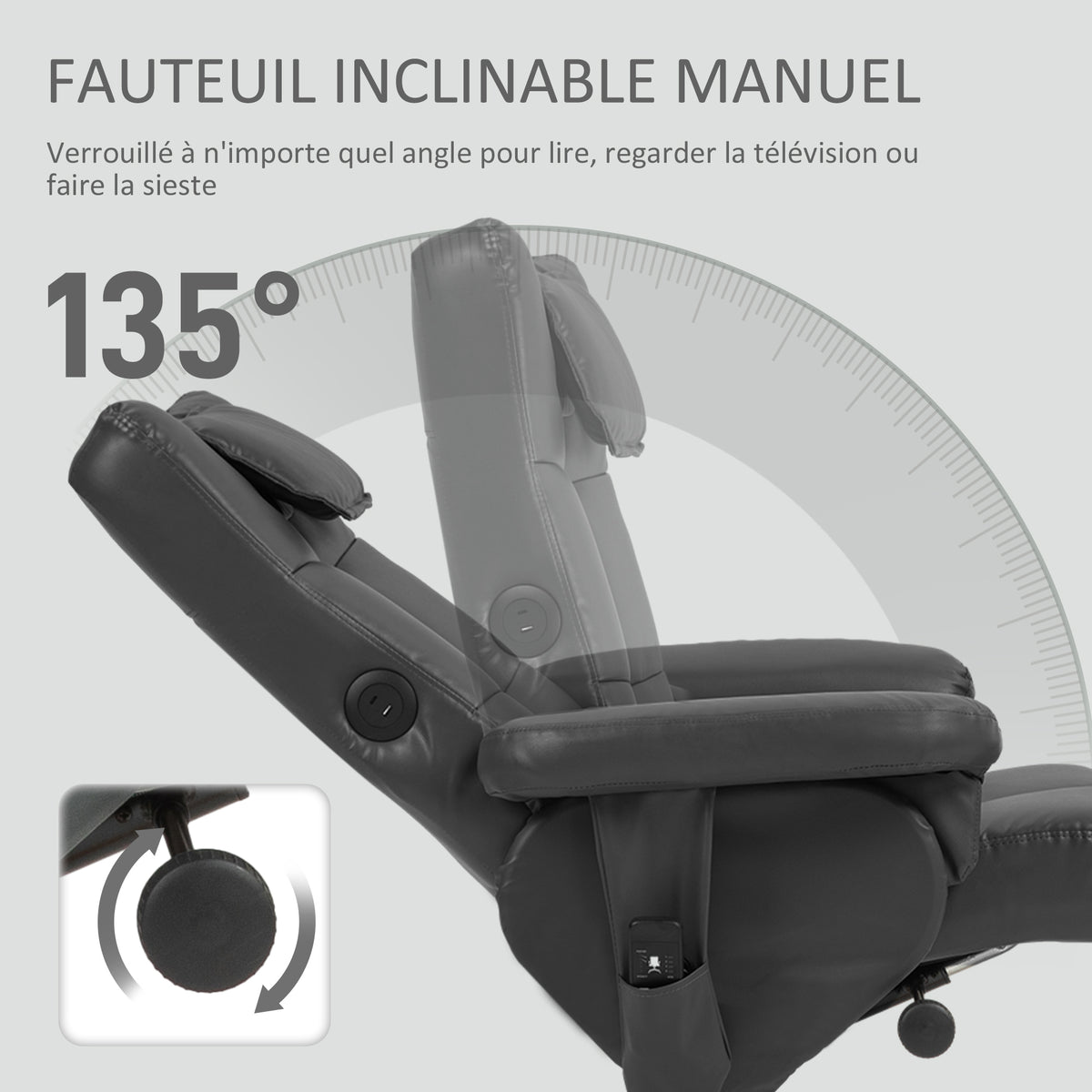 Fauteuil massant avec repose-pied, dossier inclinable jusqu'à 135°, coffre de rangement, télécommande-4