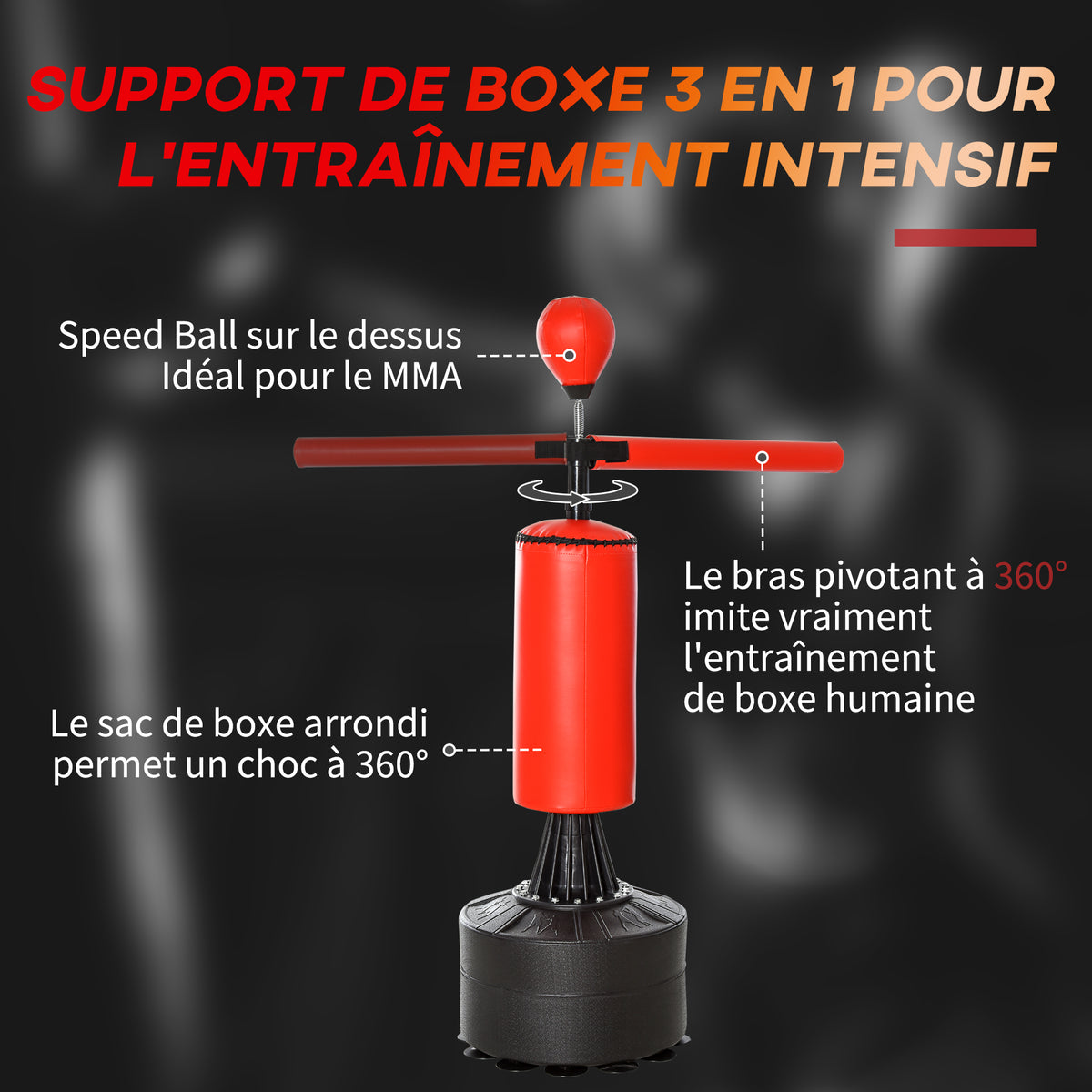 Sac frappe pieds punching ball brunier 3 1 ballon vitesse bras flexible rotatif haut. réglable cm noir rouge-3