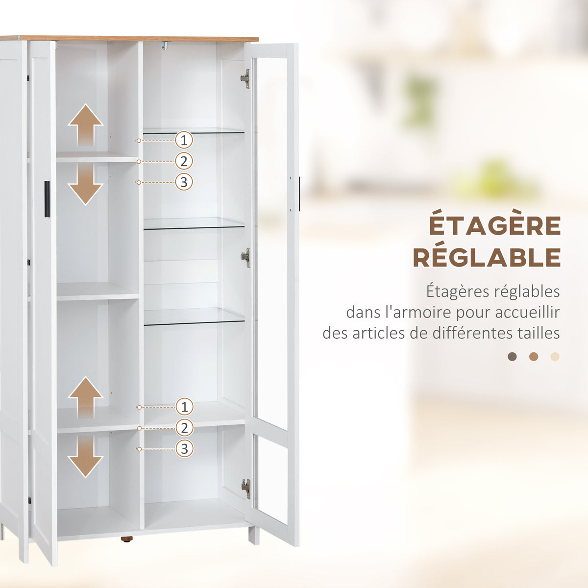 Buffet de cuisine armoire de cuisine meuble vitrine 7 étagères dont 3 étagères en verre 76 x 36 x 160 cm blanc-4