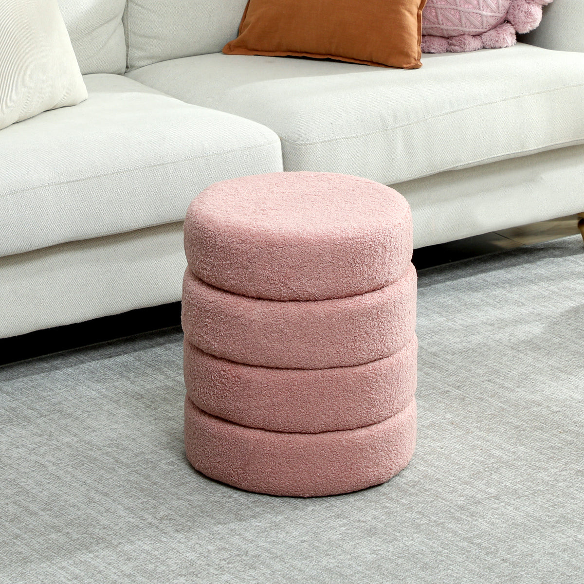 Repose pied salon, tabouret ottoman rond rembourré en peluche Teddy, pour chambre à coucher, entrée, Ø 40 x 45 cm, rose-1