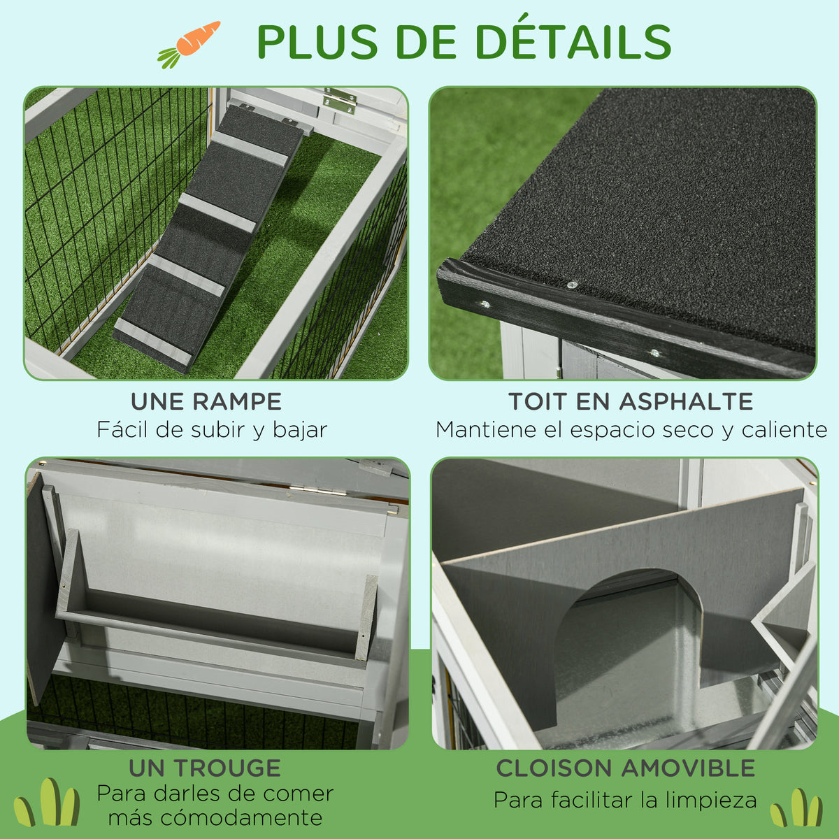 Clapier de sol cage à lapin cottage niche supérieure avec rampe enclos extérieur 150 x 52 x 68 cm gris-6