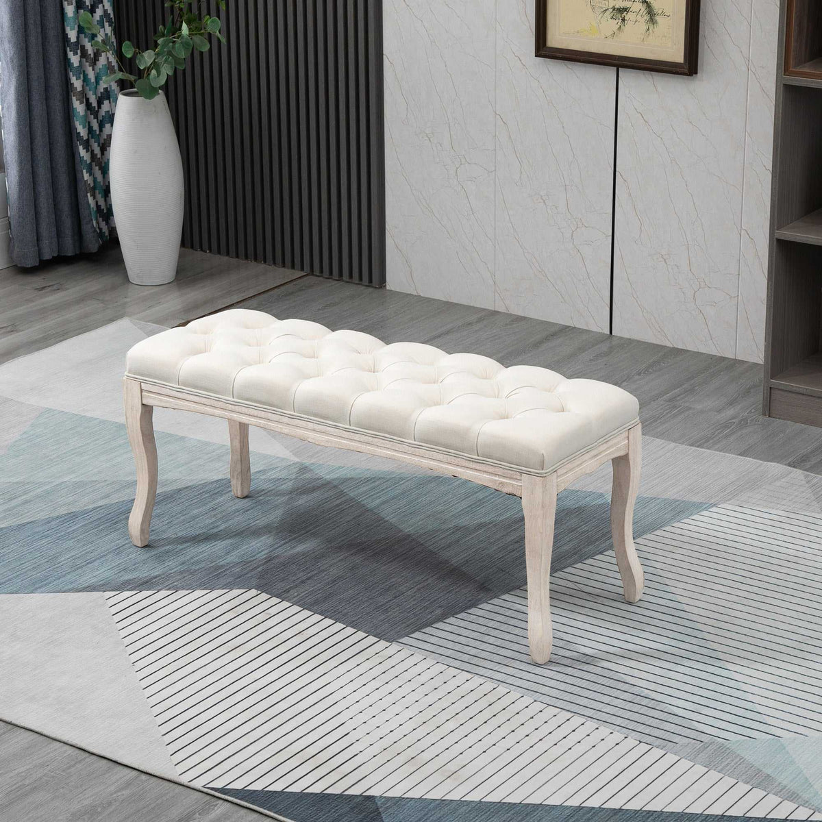 Lot de 2 banc Banquette capitonnée Style Classique 110 cm Bout de lit Rembourrée en lin piètement Bois hévéa sculpté-1