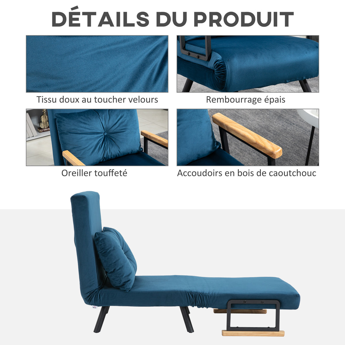 Fauteuil convertible 3 en 1 lit 1 place dossier 5 positions, accoudoirs en bois et coussin, tissu effet velours, bleu-5