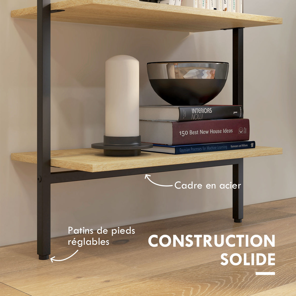 Étagère échelle mural bibliothèque style industriel 6 étagères acier noir aspect bois naturel dim. 60L x 30l x 206H cm-6
