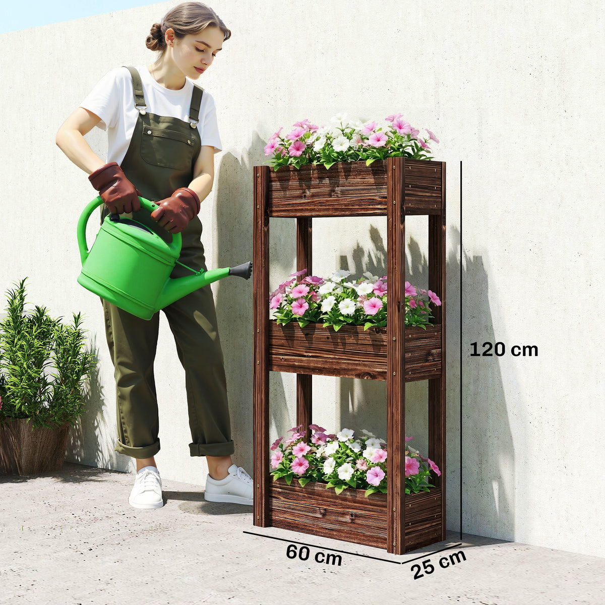 Bac à Plantes Surélevé Jardinière sur Pieds 3 Niveaux Trous de Drainage et Doublure 60 x 25 x 120 cm, Marron-2