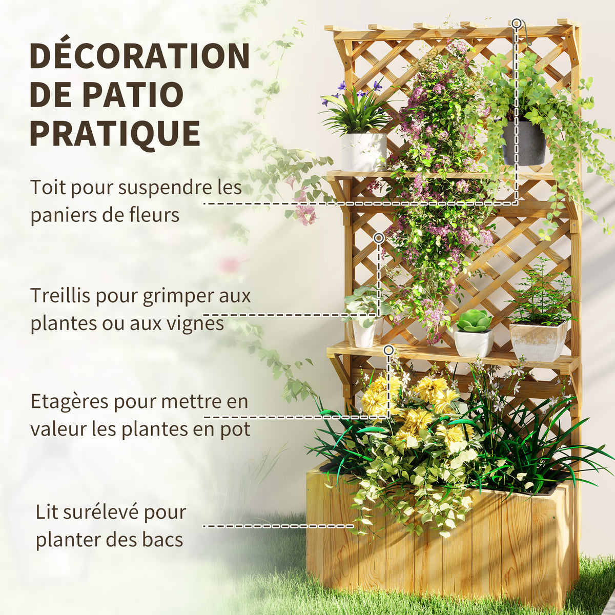 Jardinière avec treillis lit surélevé de jardin en bois avec toit suspendu, trous de drainage et doublure, naturel-3