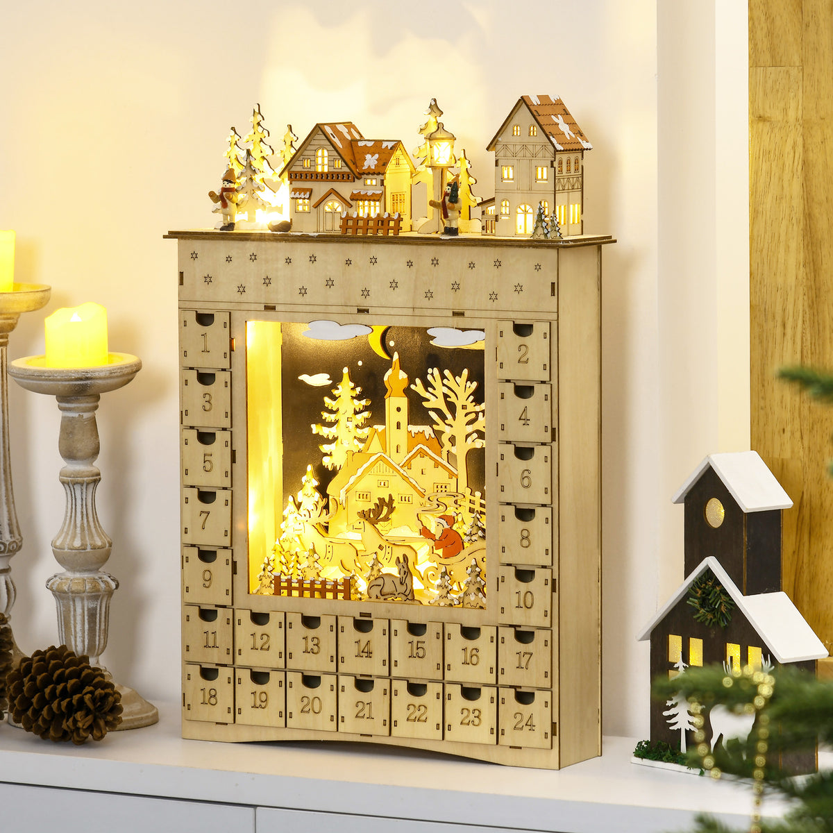 Calendrier de l'Avent LED en forme de village enneigé avec 24 tiroirs décoration lumineuse de Noël beige-1