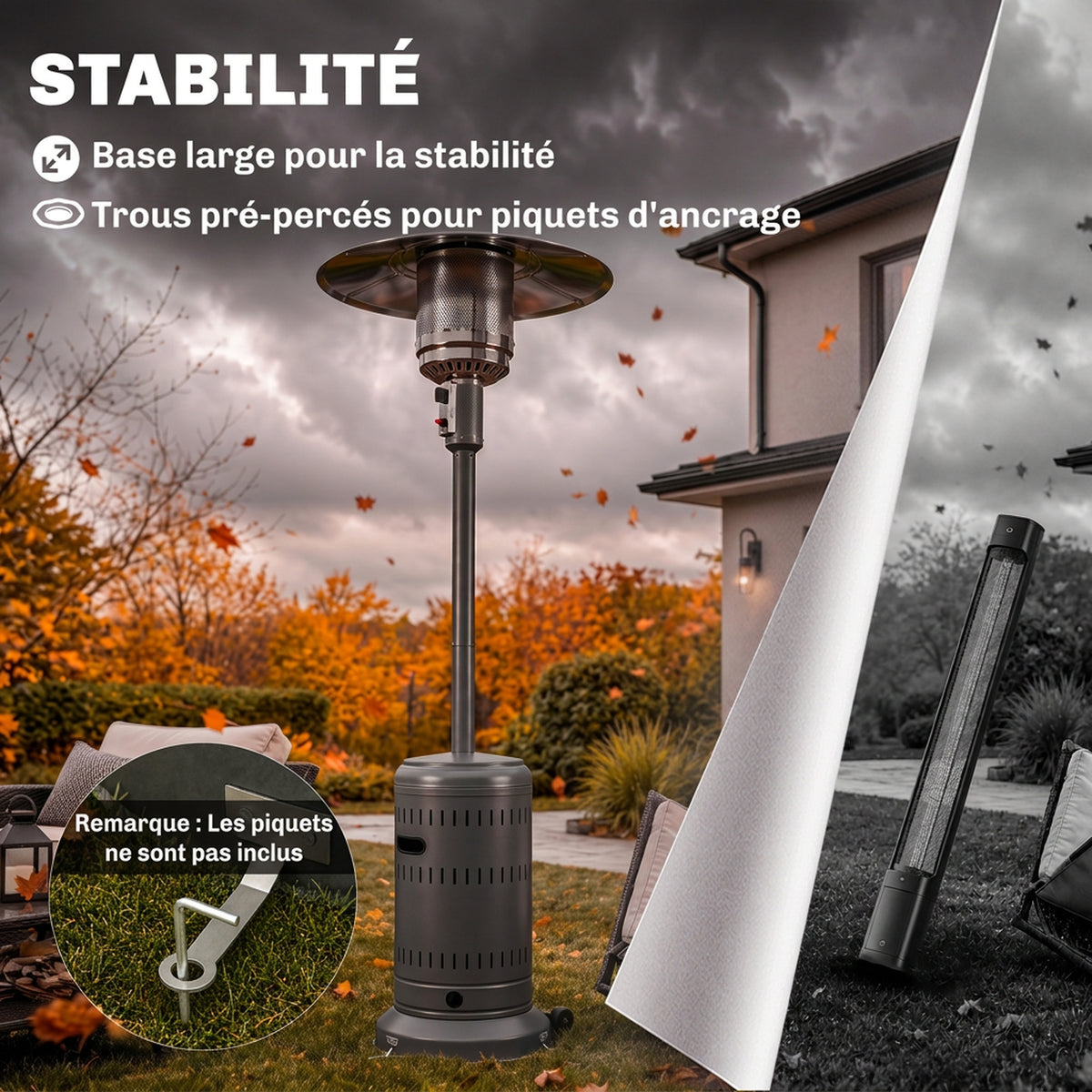 Chauffage Extérieur Terrasse Portable 13 kW, Niveaux de Chauffe Réglables, Protection Anti-Basculement, 82x82x223cm Gris-6