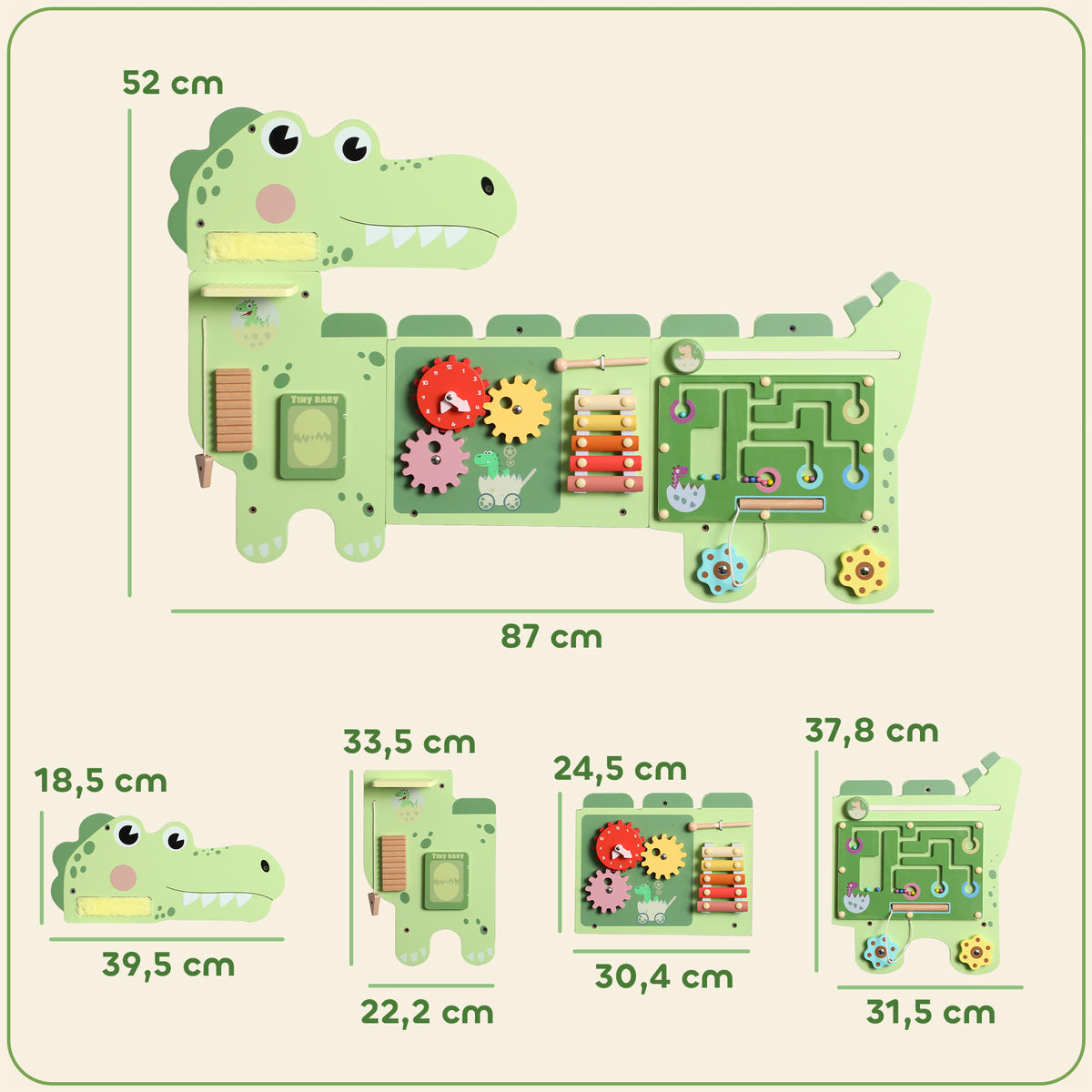 Busy Board Jouet, Tableau d'Activités Murale Dinosaure, Planche Motricité Bébé Educatif pour Garcon Fille 2+ Ans, Vert-2