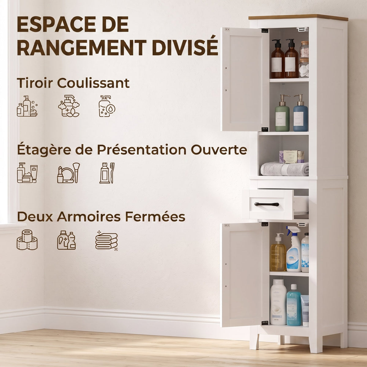 Meuble de salle de bain, meuble de rangement, 2 portes, tiroir, compartiment ouvert et étagères réglables, blanc-3