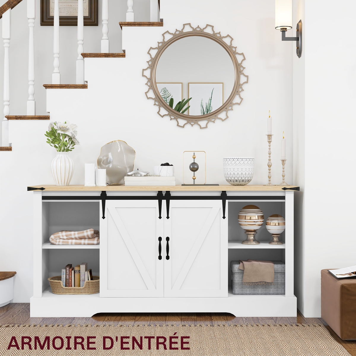Buffet meuble de rangement avec 2 portes coulissantes étagères réglables 150l x 40P x 72H cm en bois blanc chêne-5