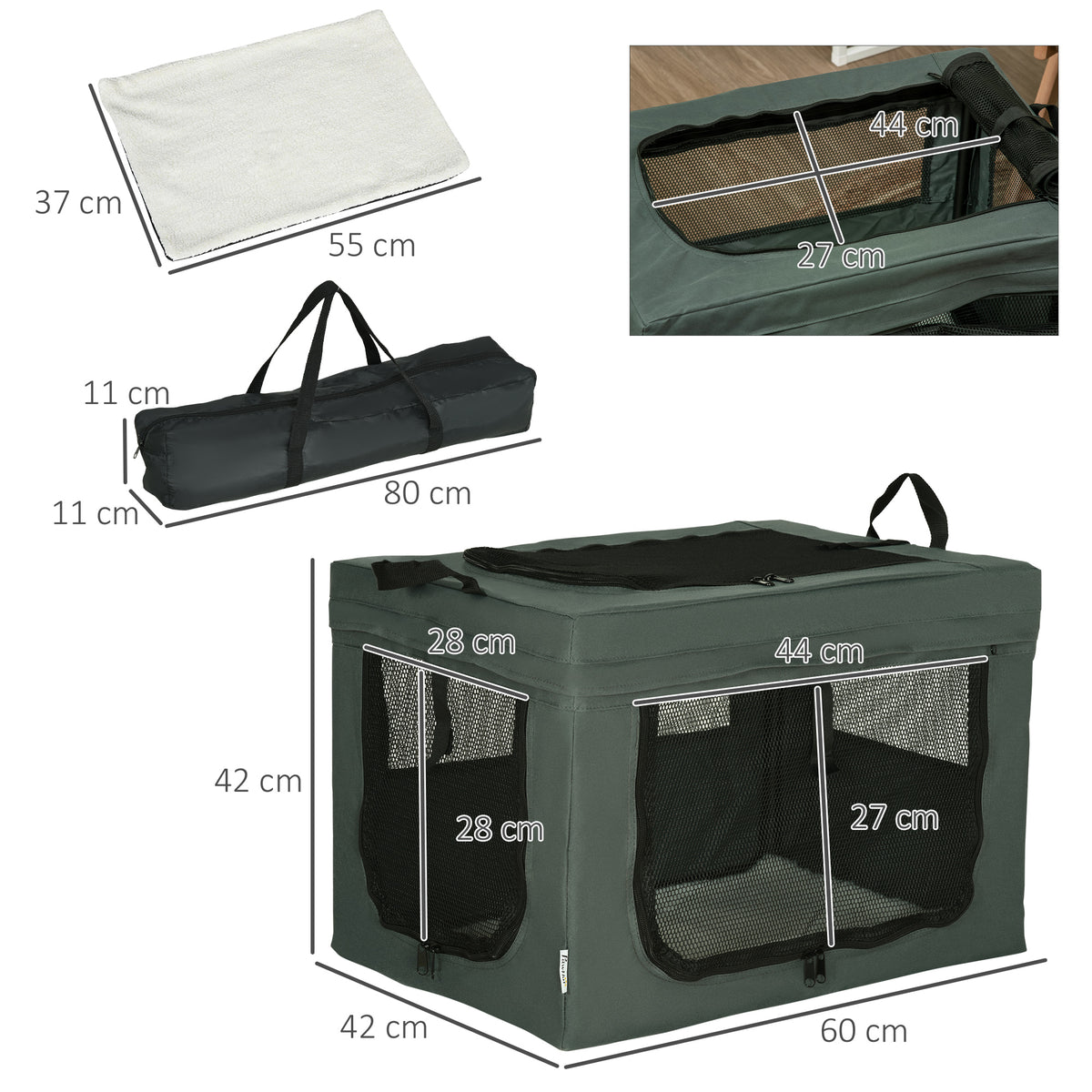 Sac de transport pliable pour animaux de compagnie avec poignée tissu en maille 60 x 42 x 42 cm gris noir-2