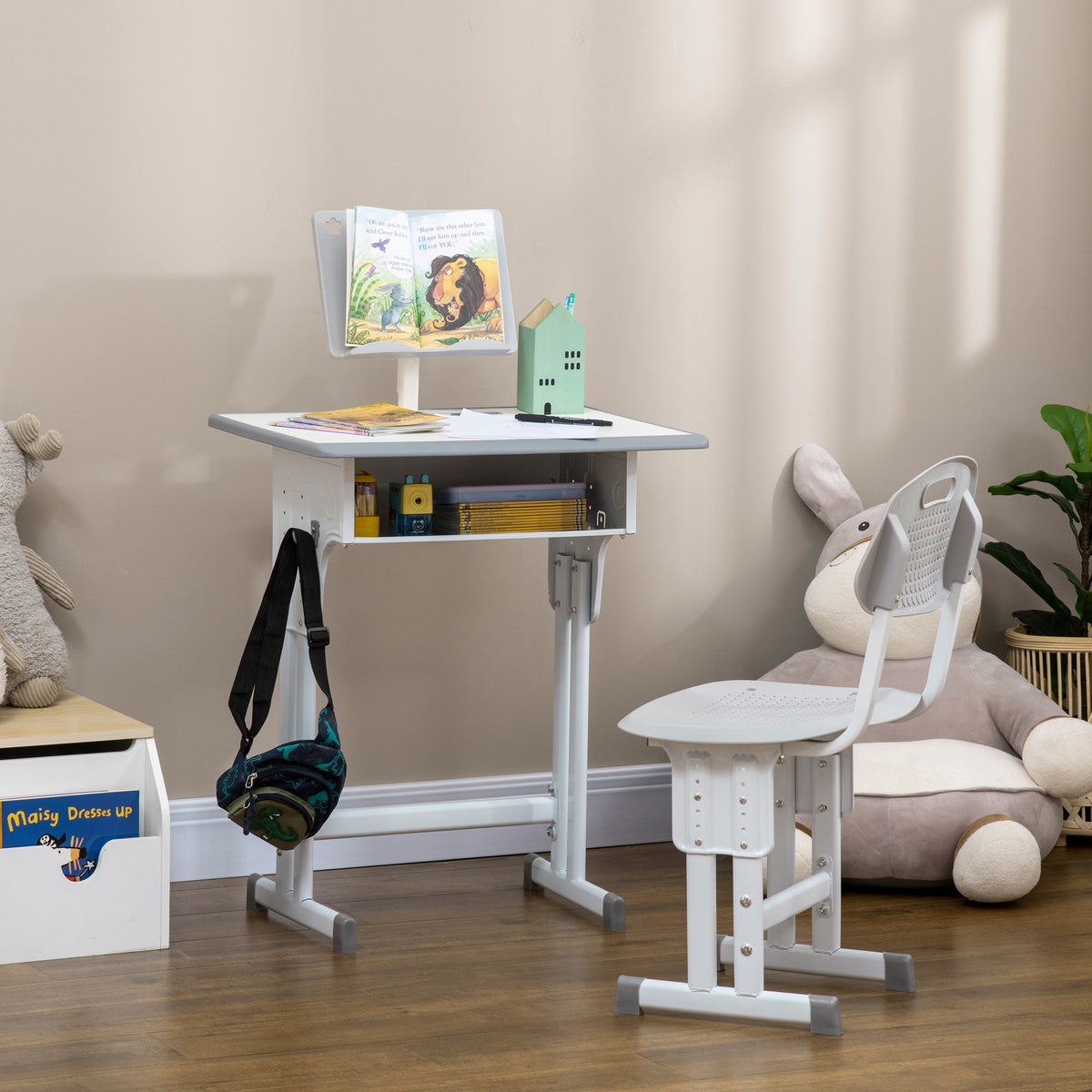 Bureau et chaise pour enfant avec support de lecture casier crochet et porte stylo 60 x 45x 90-102 cm gris-9
